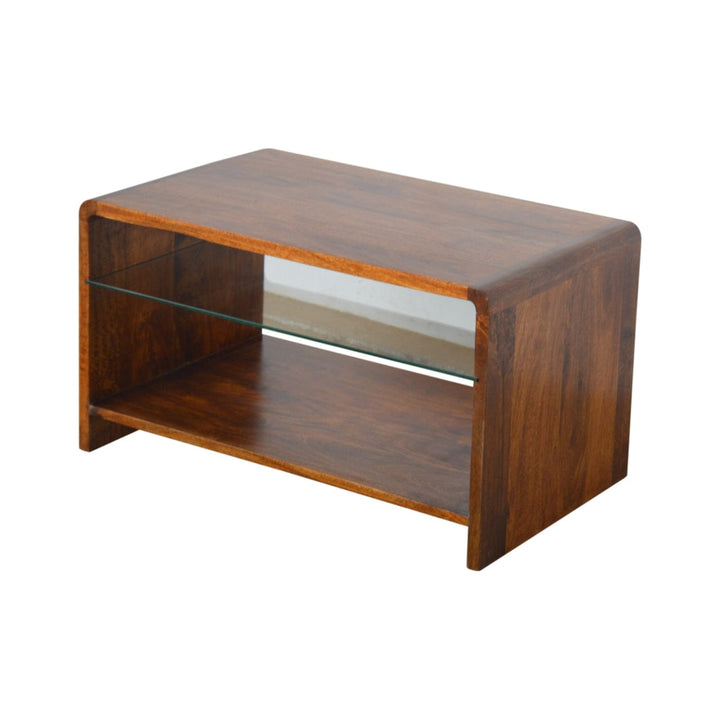 Chestnut Glass Shelf Coffee Table - Solid Mango Wood Center Table for Living Room - product view 4 showing handcrafted...