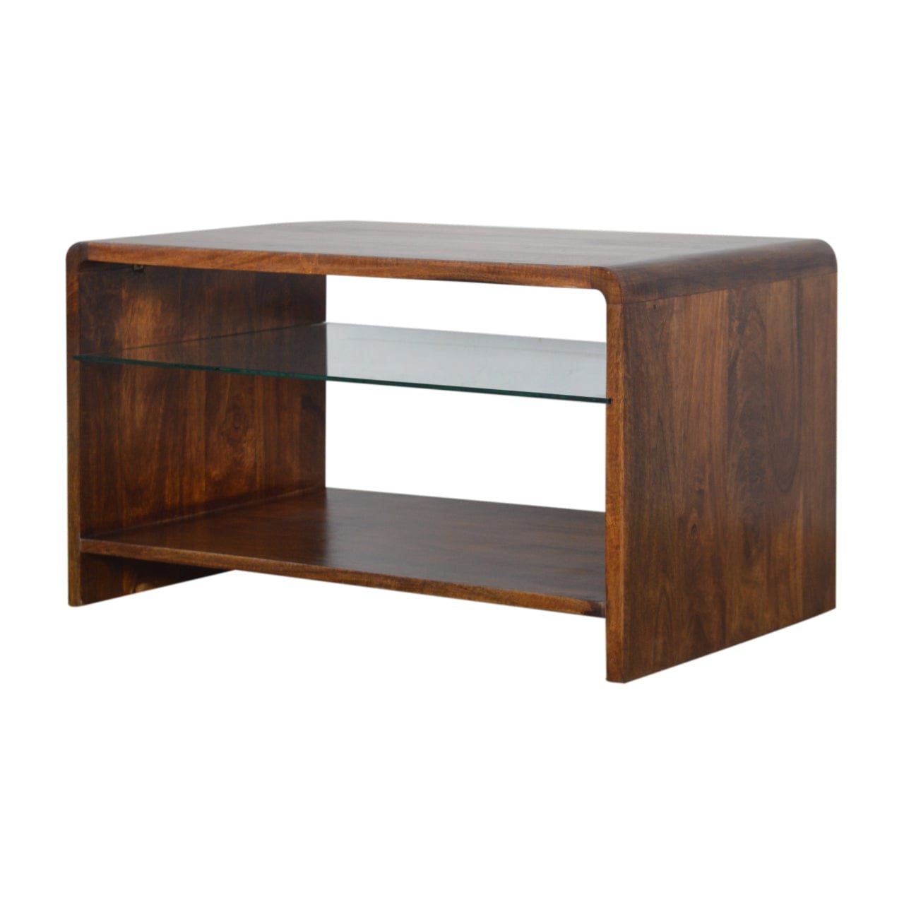 Chestnut Glass Shelf Coffee Table - Solid Mango Wood Center Table for Living Room - product view 3 showing handcrafted...