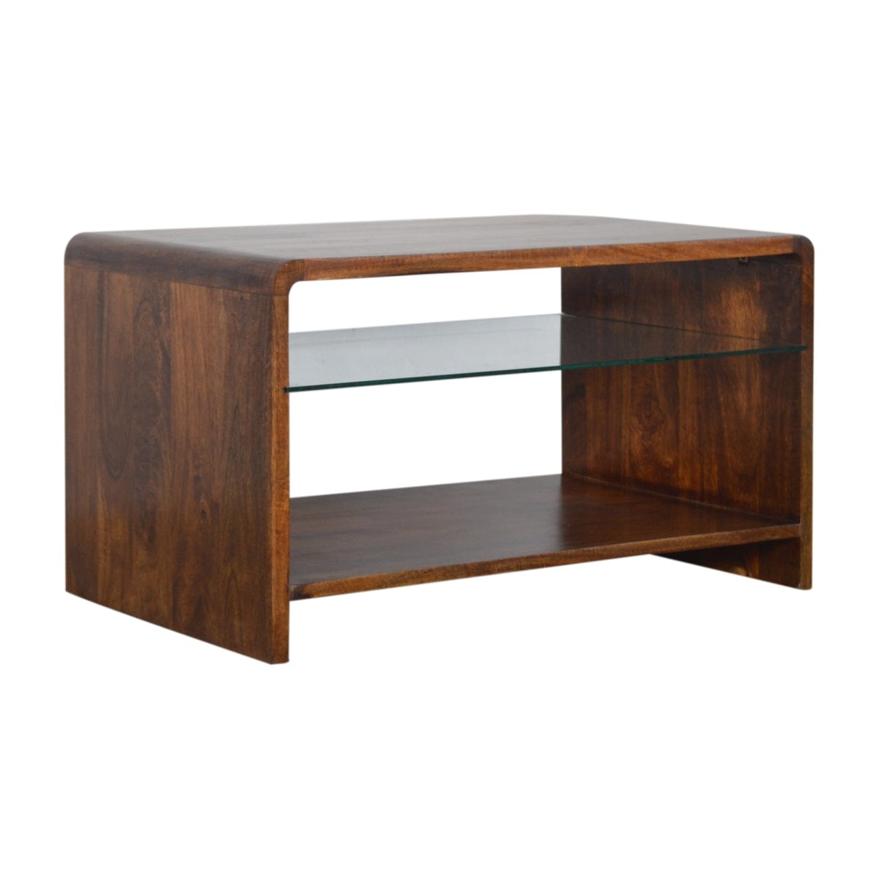 Chestnut Glass Shelf Coffee Table - Solid Mango Wood Center Table for Living Room - product view 2 showing handcrafted...