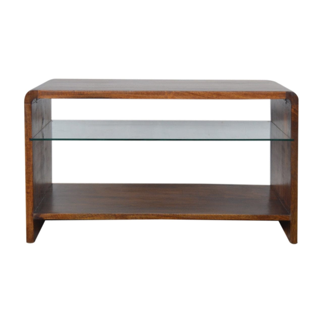 Chestnut Glass Shelf Coffee Table - Solid Mango Wood Center Table for Living Room - main view showing handcrafted solid...