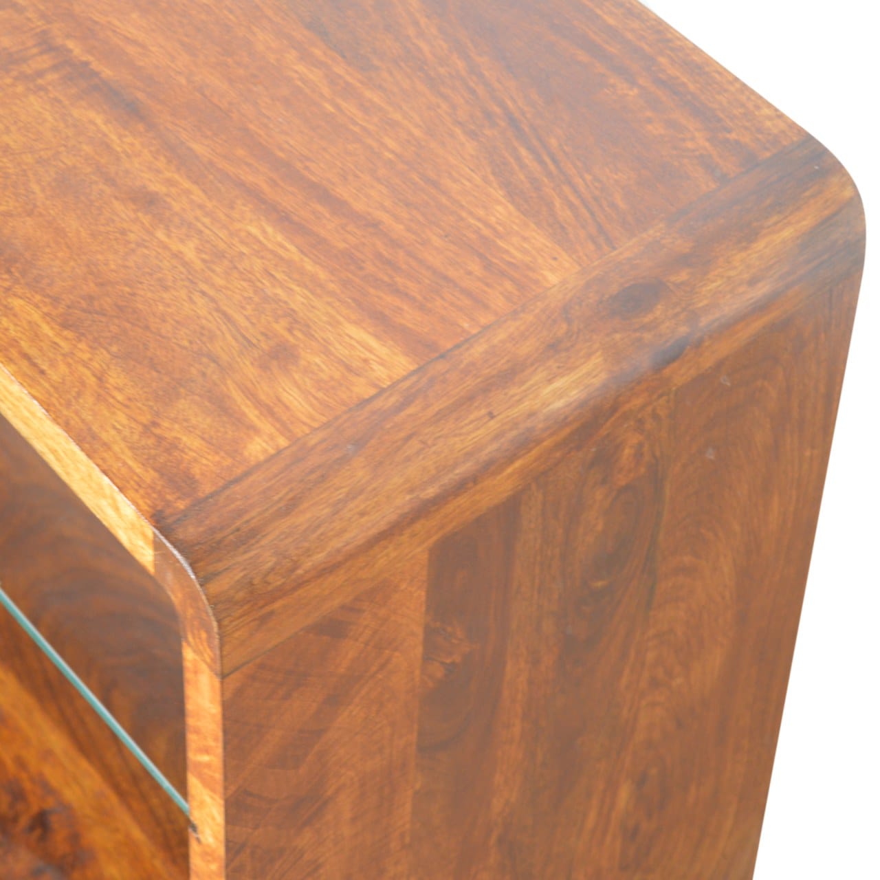 Chestnut Glass Shelf TV Stand - Solid Mango Wood Entertainment Center for Living Room - product view 8 showing...