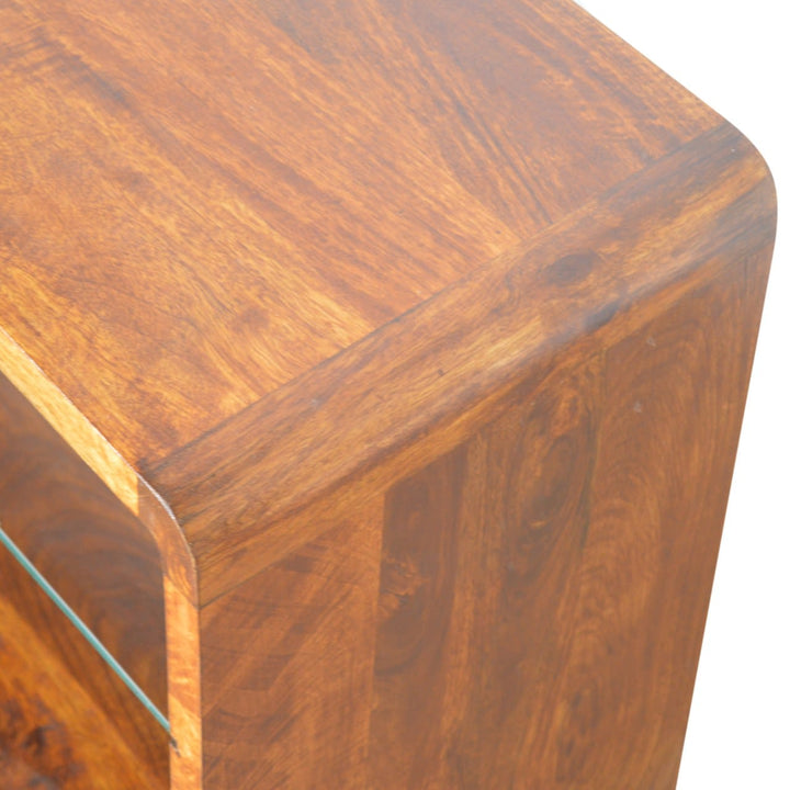 Chestnut Glass Shelf TV Stand - Solid Mango Wood Entertainment Center for Living Room - product view 8 showing...