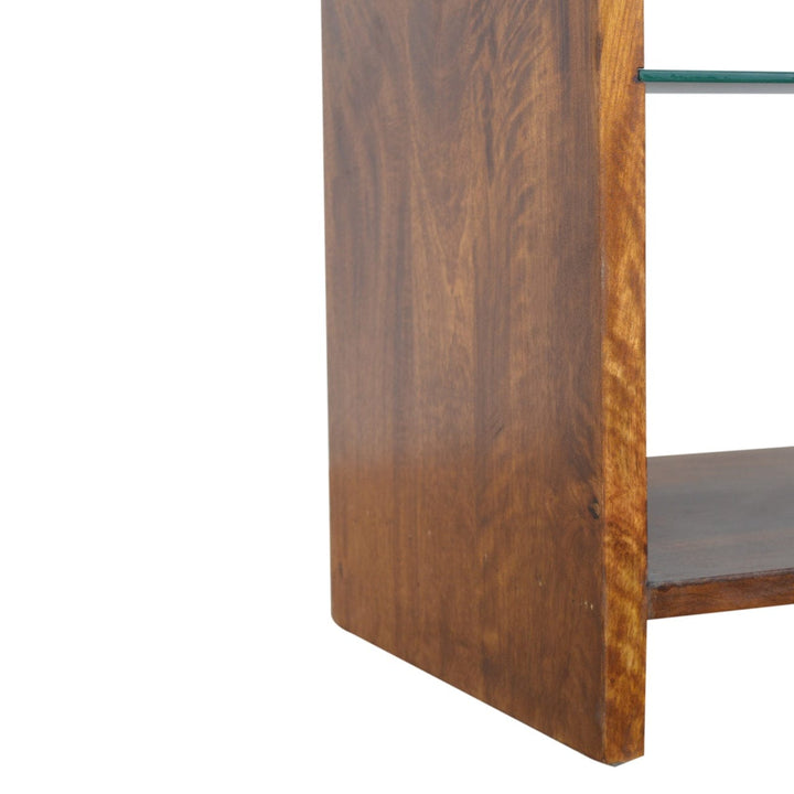 Chestnut Glass Shelf TV Stand - Solid Mango Wood Entertainment Center for Living Room - product view 7 showing...