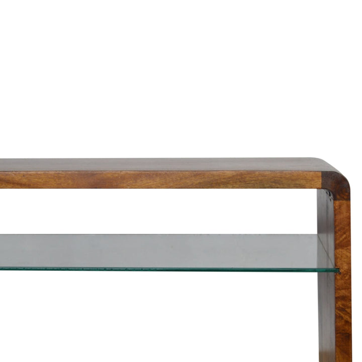 Chestnut Glass Shelf TV Stand - Solid Mango Wood Entertainment Center for Living Room - product view 6 showing...