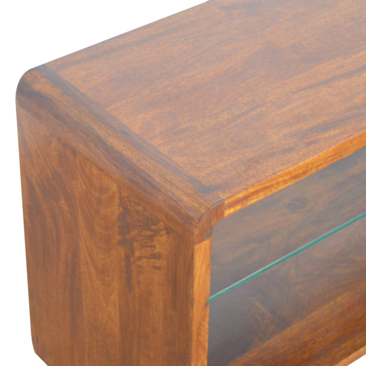 Chestnut Glass Shelf TV Stand - Solid Mango Wood Entertainment Center for Living Room - product view 5 showing...