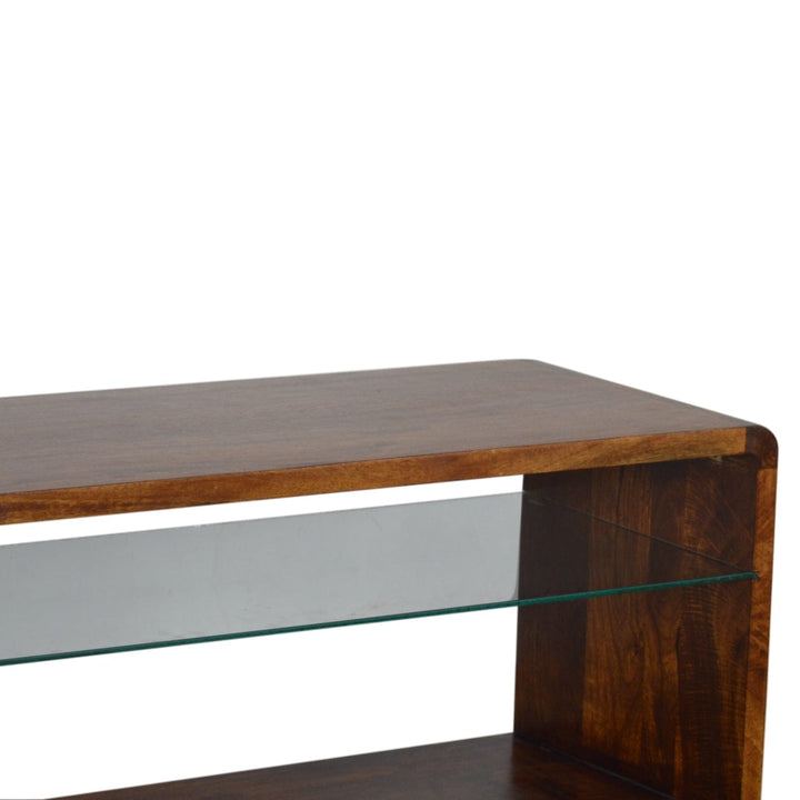 Chestnut Glass Shelf TV Stand - Solid Mango Wood Entertainment Center for Living Room - product view 4 showing...