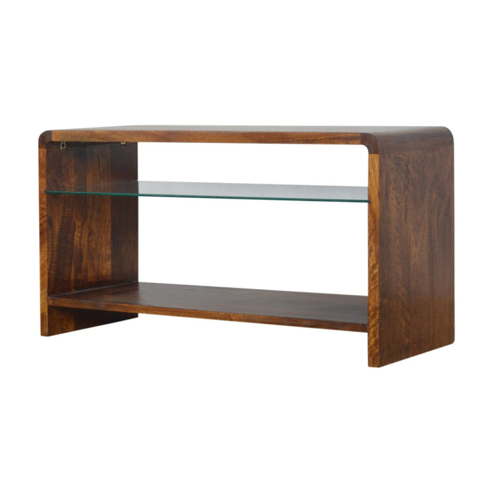 Chestnut Glass Shelf TV Stand - Solid Mango Wood Entertainment Center for Living Room - product view 3 showing...