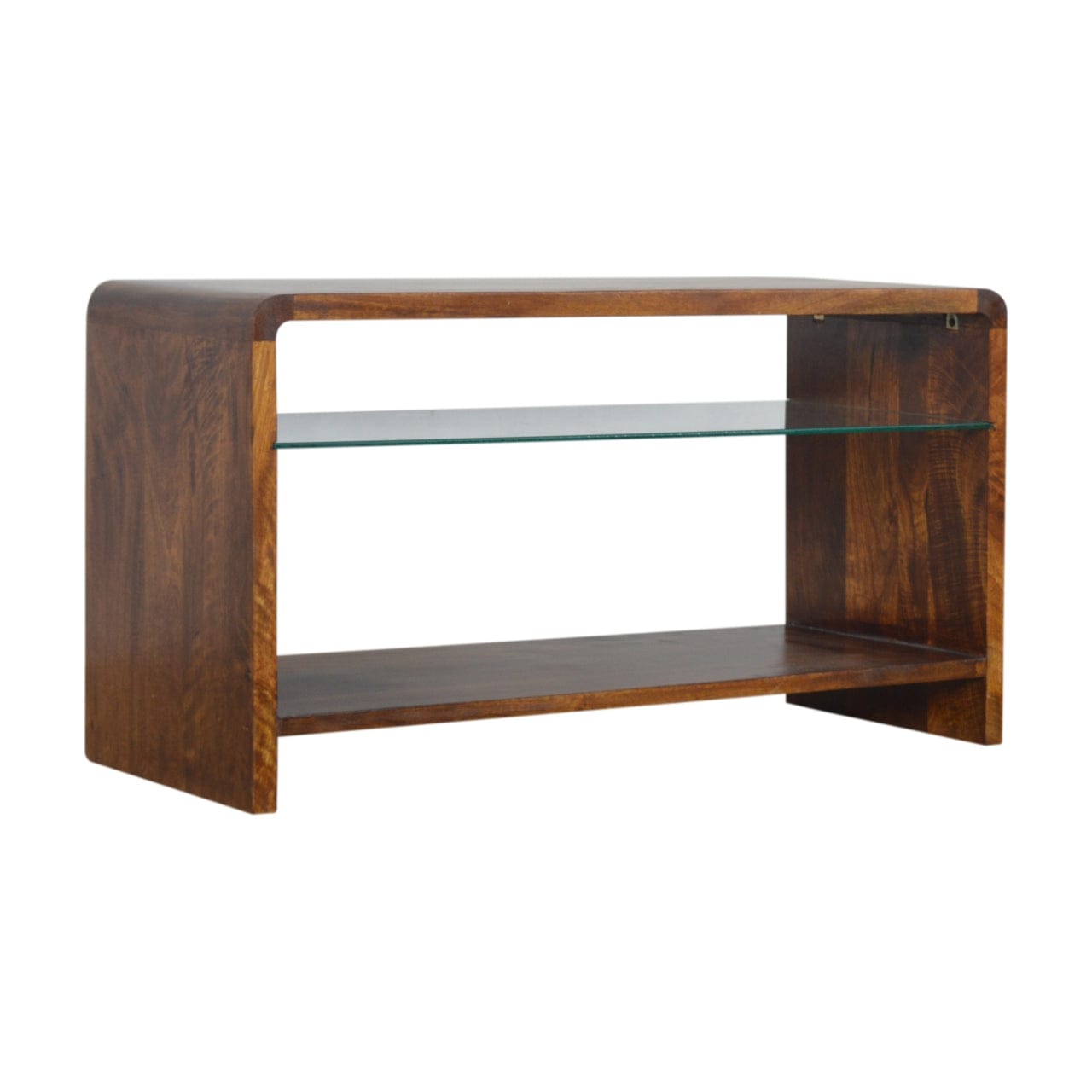 Chestnut Glass Shelf TV Stand - Solid Mango Wood Entertainment Center for Living Room - product view 2 showing...