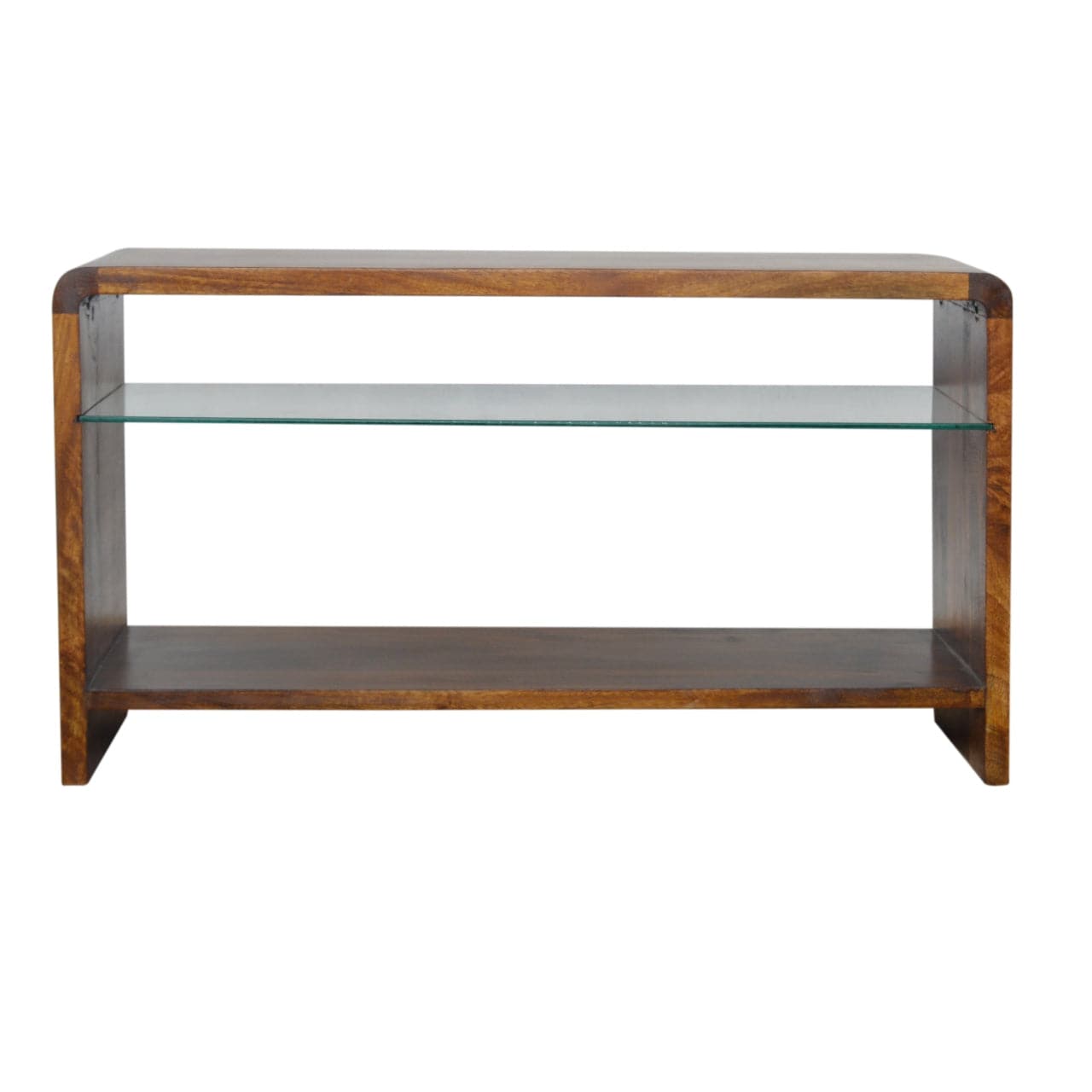 Chestnut Glass Shelf TV Stand - Solid Mango Wood Entertainment Center for Living Room - main view showing handcrafted...