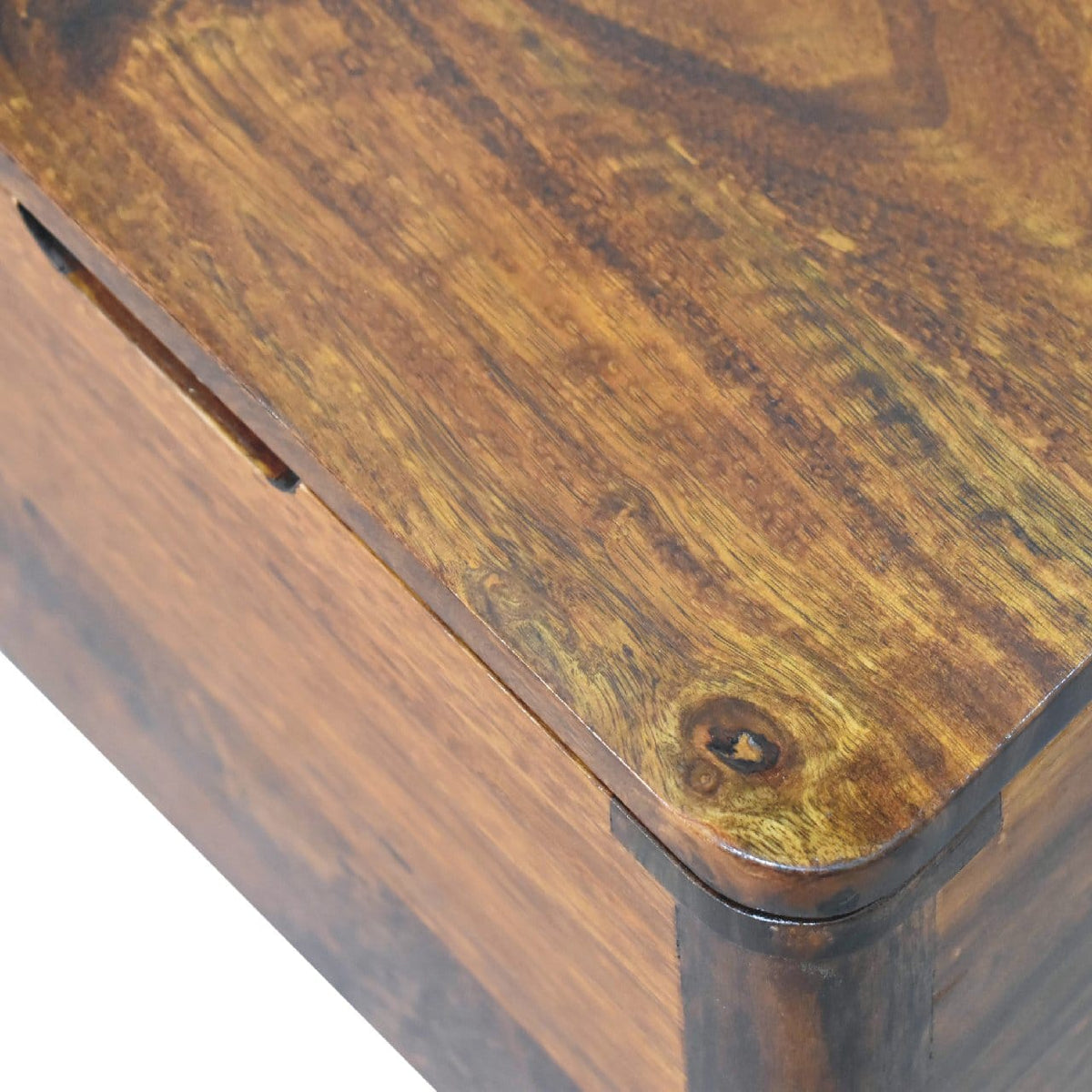 Chestnut Lid-up Storage Stool - Solid Mango Wood Accent Seating - product view 7 showing handcrafted solid mango wood dresser