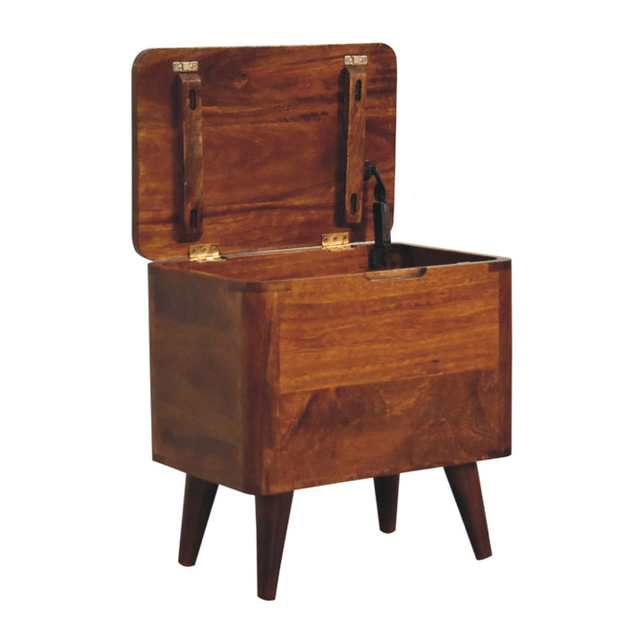 Chestnut Lid-up Storage Stool - Solid Mango Wood Accent Seating - product view 4 showing handcrafted solid mango wood dresser