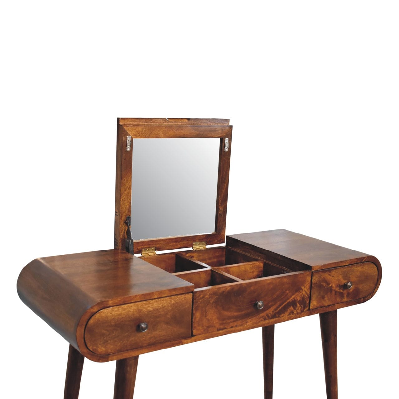 Chestnut Mirror Dressing Table - Solid Mango Wood Vanity Table for Bedroom - product view 7 showing handcrafted solid...
