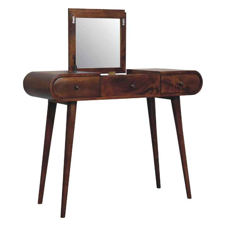 Chestnut Mirror Dressing Table - Solid Mango Wood Vanity Table for Bedroom - product view 5 showing handcrafted solid...