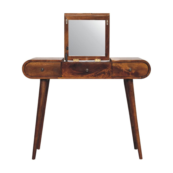 Chestnut Mirror Dressing Table - Solid Mango Wood Vanity Table for Bedroom - product view 4 showing handcrafted solid...