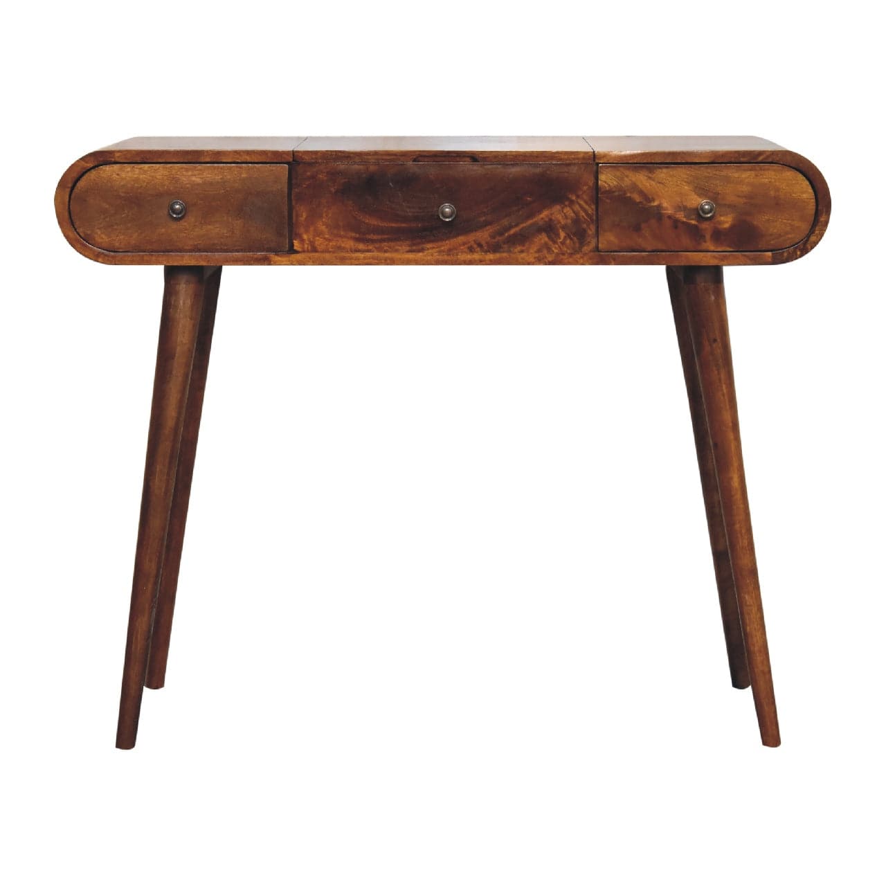 Chestnut Mirror Dressing Table - Solid Mango Wood Vanity Table for Bedroom - product view 2 showing handcrafted solid...