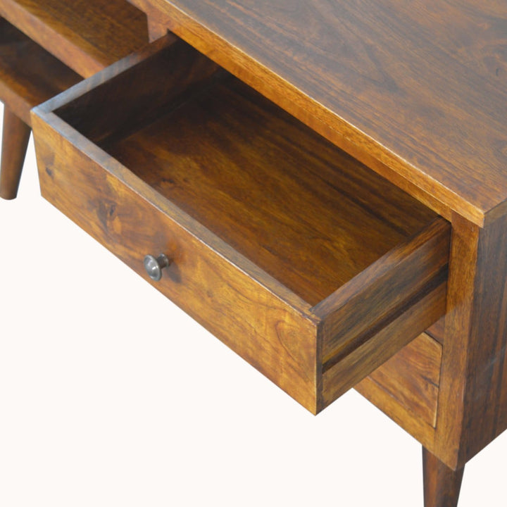 Chestnut Nordic Style TV Unit - Entertainment Center in Solid Mango Wood - product view 6 showing handcrafted solid mango...