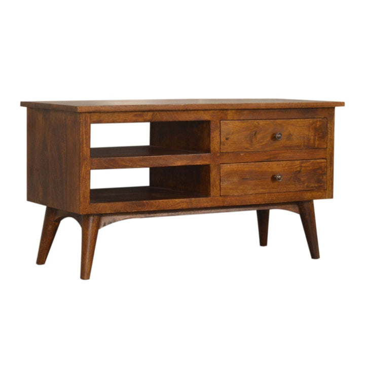 Chestnut Nordic Style TV Unit - Entertainment Center in Solid Mango Wood - product view 3 showing handcrafted solid mango...
