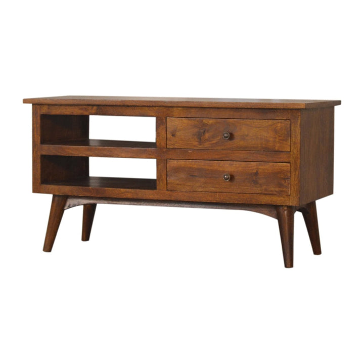 Chestnut Nordic Style TV Unit - Entertainment Center in Solid Mango Wood - product view 2 showing handcrafted solid mango...