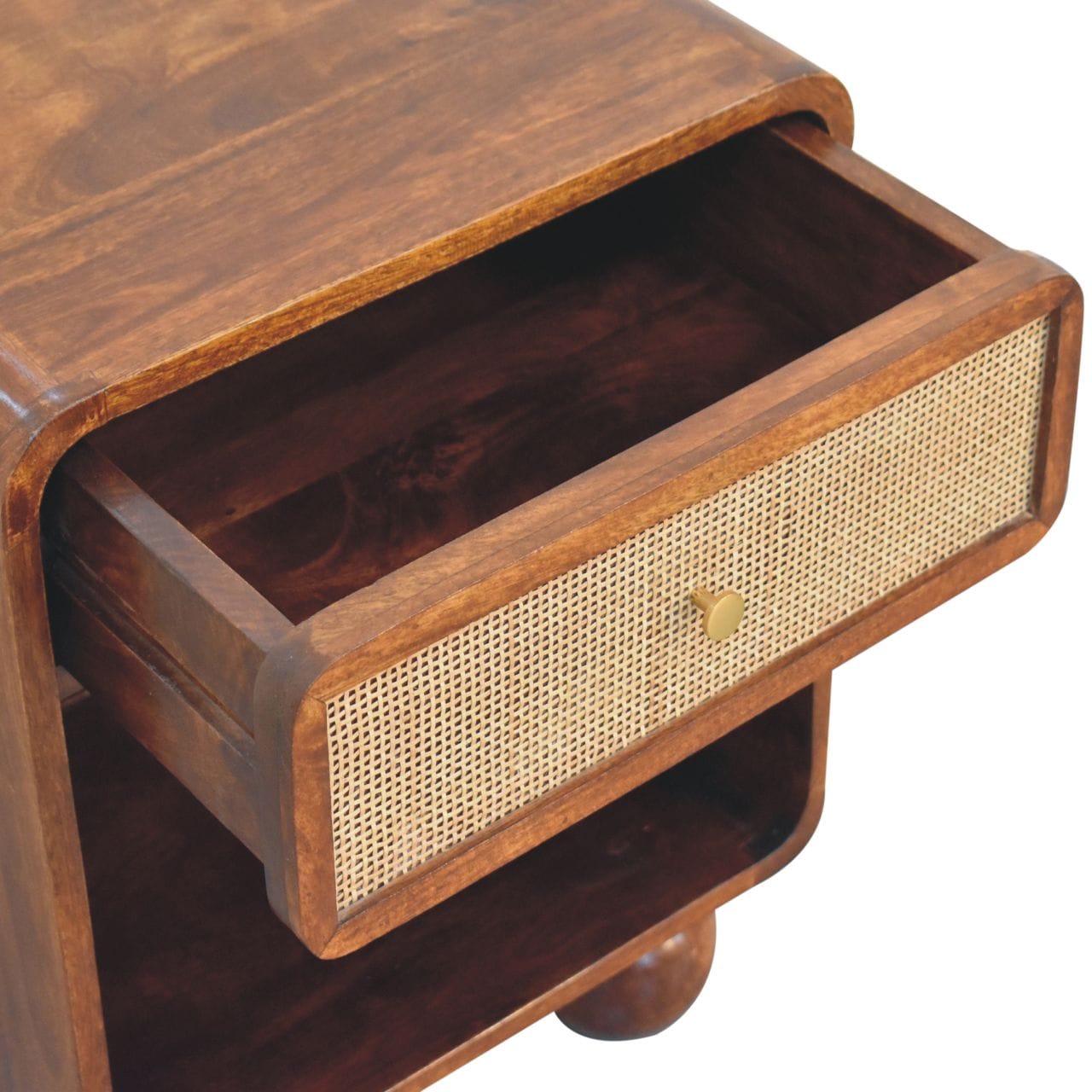 Chestnut Open Woven Nightstand - Solid Mango Wood Bedside Table for Bedroom - product view 7 showing handcrafted solid...