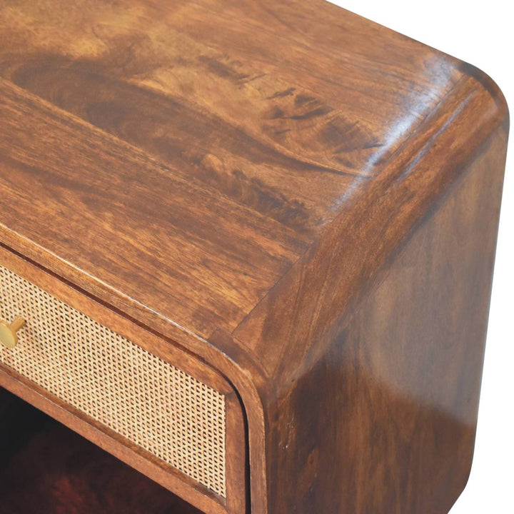Chestnut Open Woven Nightstand - Solid Mango Wood Bedside Table for Bedroom - product view 6 showing handcrafted solid...