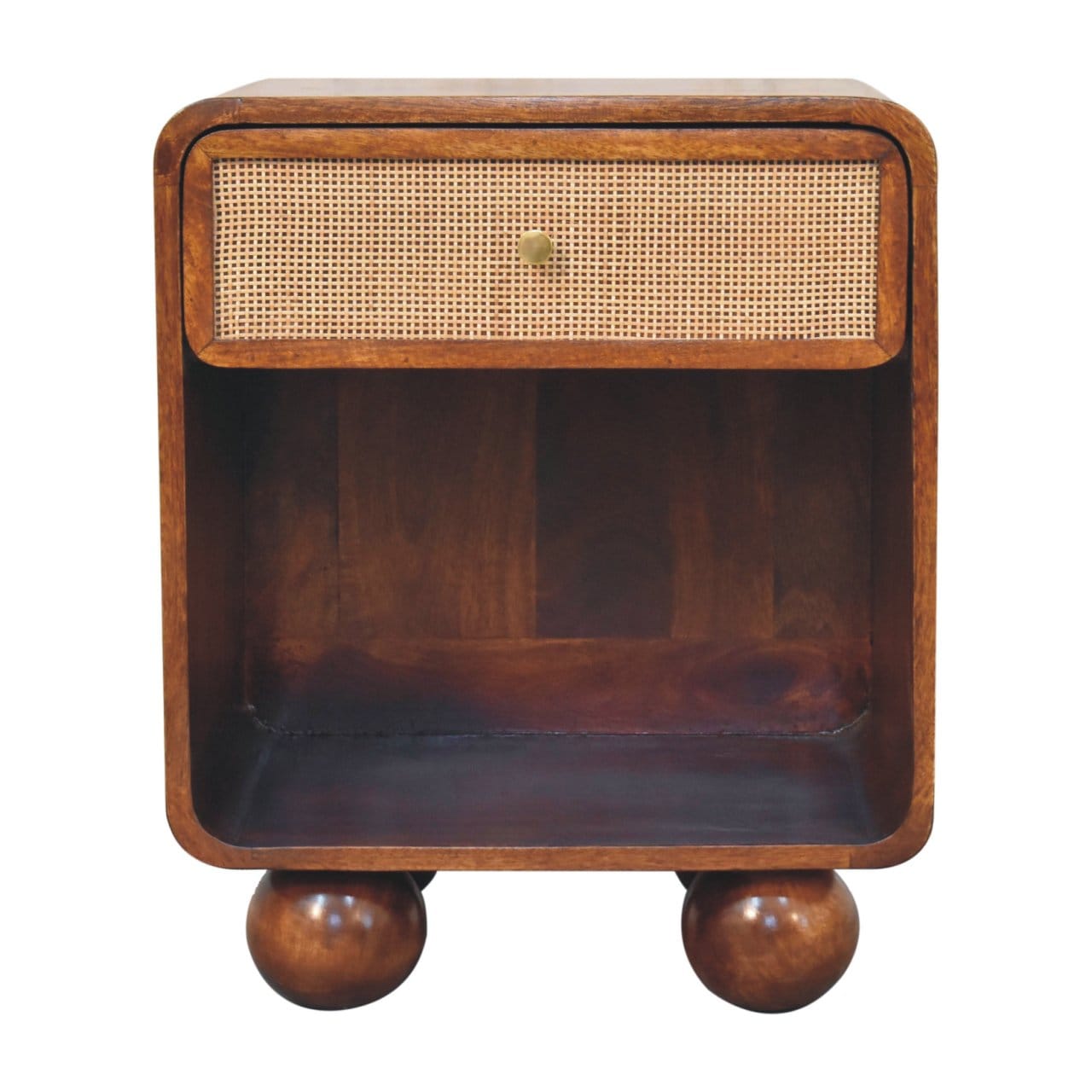 Chestnut Open Woven Nightstand - Solid Mango Wood Bedside Table for Bedroom - product view 2 showing handcrafted solid...