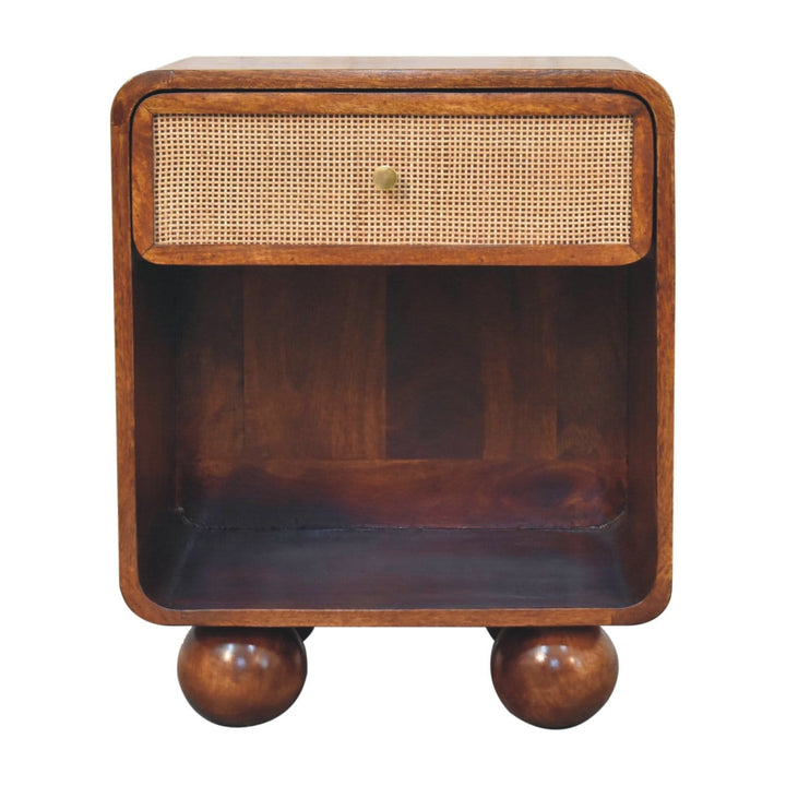 Chestnut Open Woven Nightstand - Solid Mango Wood Bedside Table for Bedroom - product view 2 showing handcrafted solid...