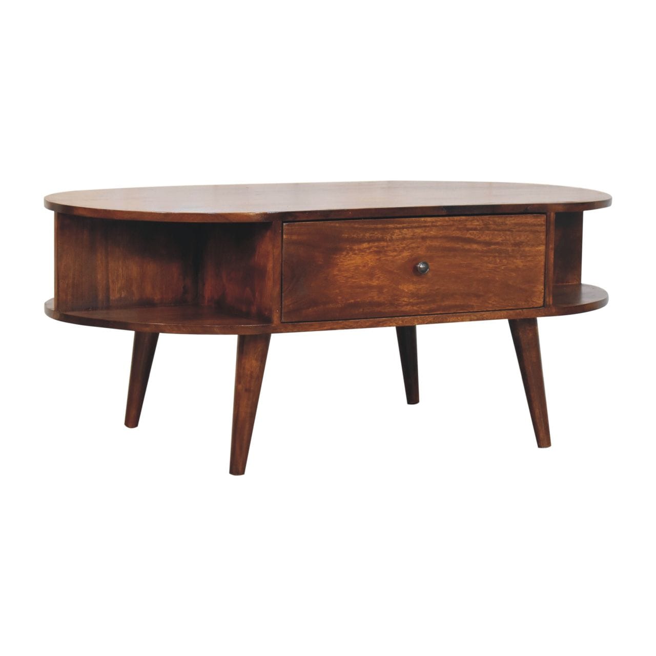 Chestnut Oval Coffee Table - Solid Mango Wood Center Table for Living Room - product view 3 showing handcrafted solid...