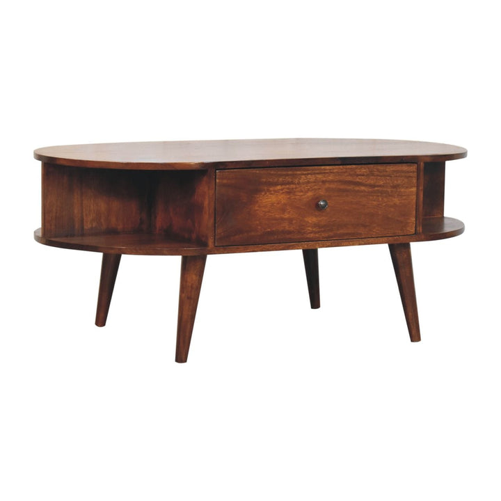 Chestnut Oval Coffee Table - Solid Mango Wood Center Table for Living Room - product view 3 showing handcrafted solid...