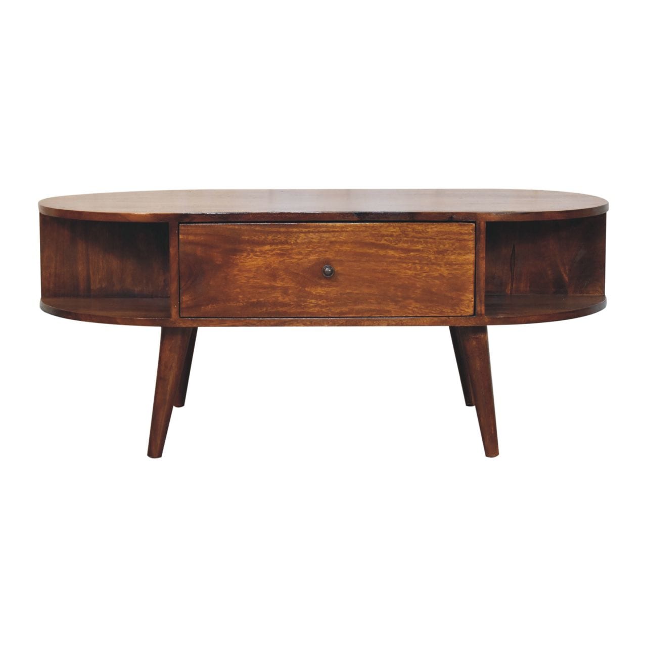 Chestnut Oval Coffee Table - Solid Mango Wood Center Table for Living Room - product view 2 showing handcrafted solid...