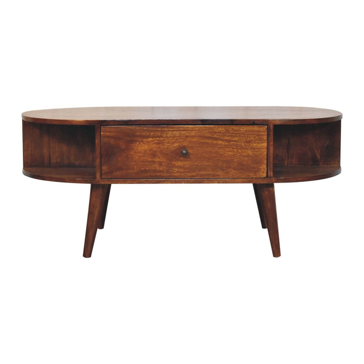 Chestnut Oval Coffee Table - Solid Mango Wood Center Table for Living Room - product view 2 showing handcrafted solid...