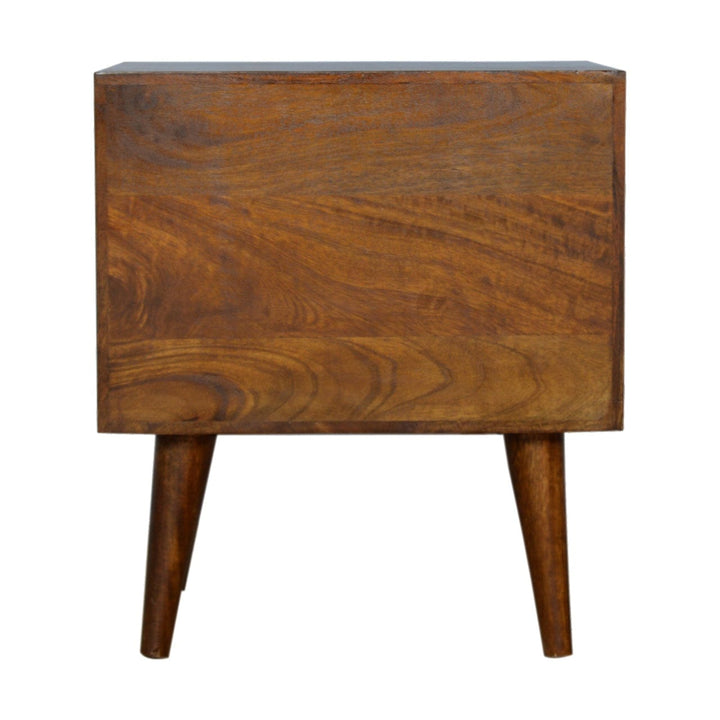 Chestnut Prism Nightstand - Solid Mango Wood Bedside Table for Bedroom - product view 9 showing handcrafted solid mango...