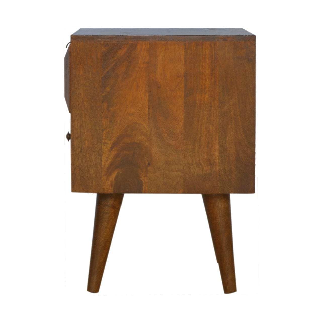 Chestnut Prism Nightstand - Solid Mango Wood Bedside Table for Bedroom - product view 8 showing handcrafted solid mango...