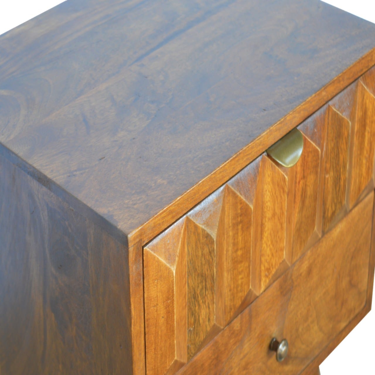Chestnut Prism Nightstand - Solid Mango Wood Bedside Table for Bedroom - product view 6 showing handcrafted solid mango...