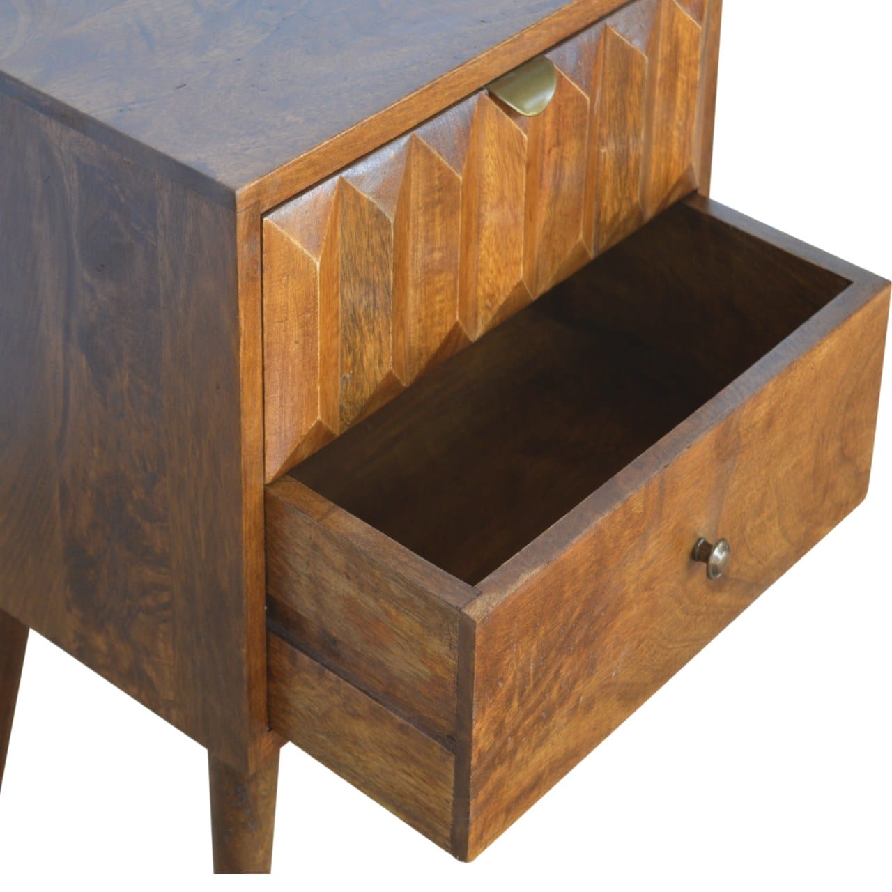 Chestnut Prism Nightstand - Solid Mango Wood Bedside Table for Bedroom - product view 5 showing handcrafted solid mango...