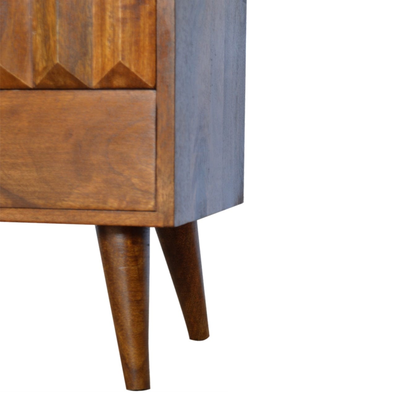 Chestnut Prism Nightstand - Solid Mango Wood Bedside Table for Bedroom - product view 4 showing handcrafted solid mango...