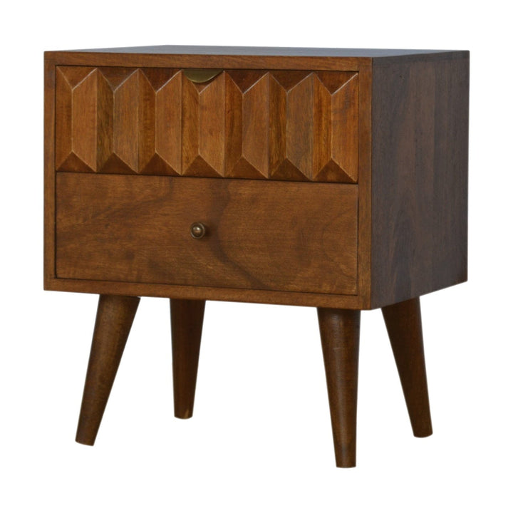 Chestnut Prism Nightstand - Solid Mango Wood Bedside Table for Bedroom - product view 3 showing handcrafted solid mango...