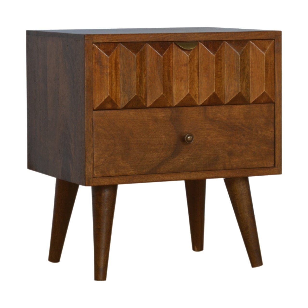 Chestnut Prism Nightstand - Solid Mango Wood Bedside Table for Bedroom - product view 2 showing handcrafted solid mango...