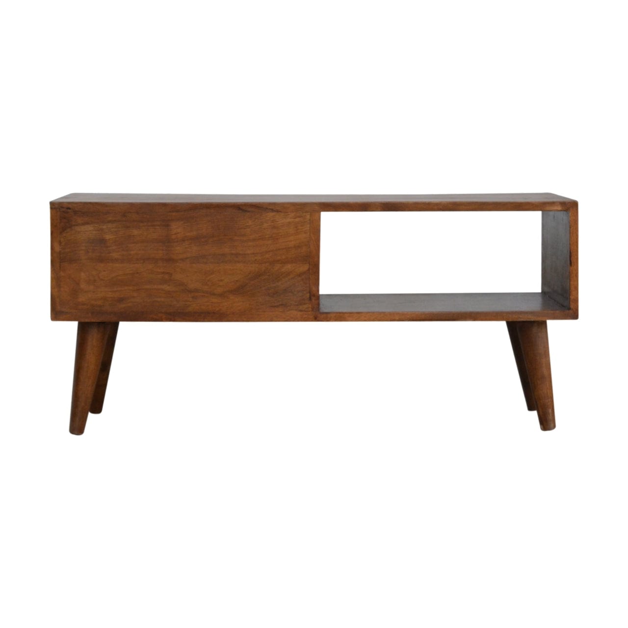 Chestnut Prism Sliding TV Stand - Solid Mango Wood Entertainment Center for Living Room - product view 9 showing...