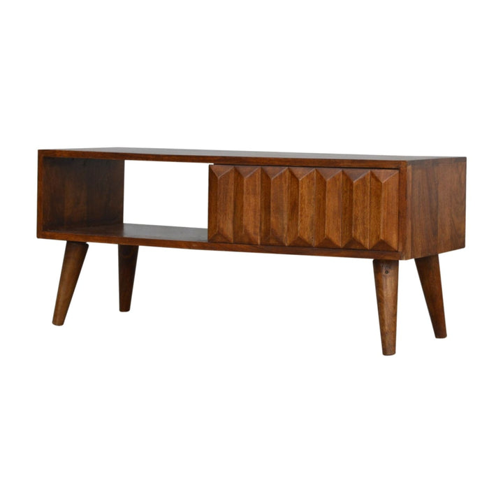 Chestnut Prism Sliding TV Stand - Solid Mango Wood Entertainment Center for Living Room - product view 4 showing...