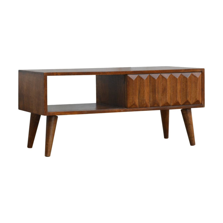 Chestnut Prism Sliding TV Stand - Solid Mango Wood Entertainment Center for Living Room - product view 3 showing...