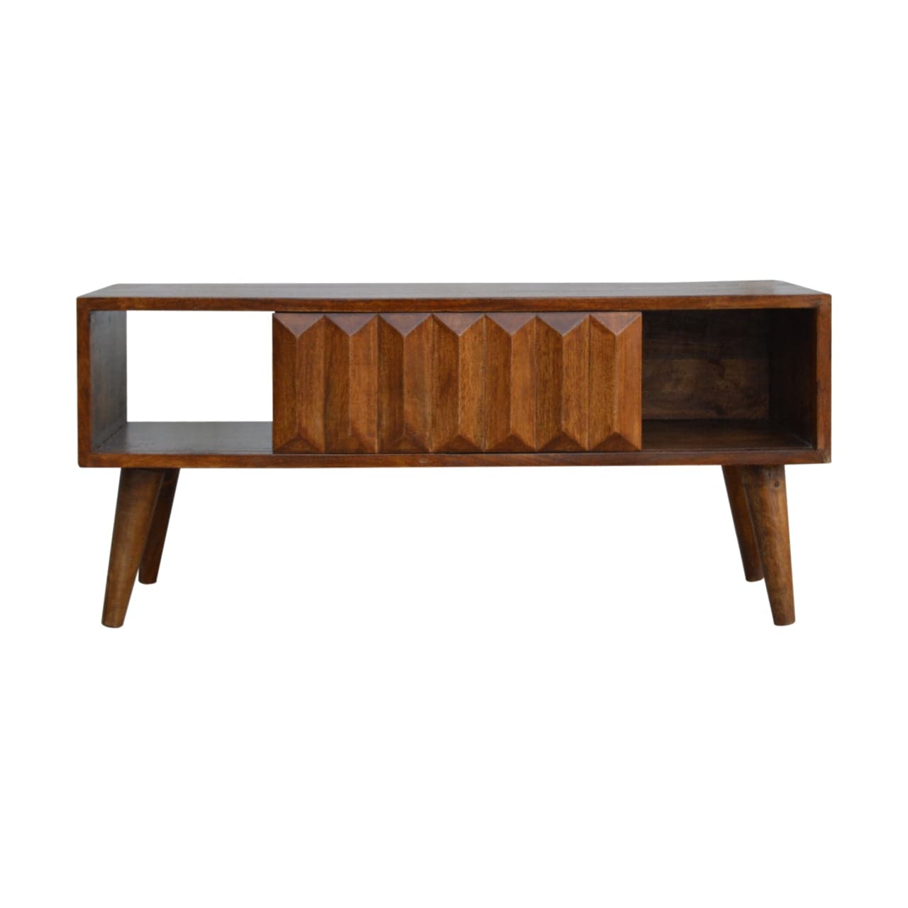 Chestnut Prism Sliding TV Stand - Solid Mango Wood Entertainment Center for Living Room - product view 2 showing...