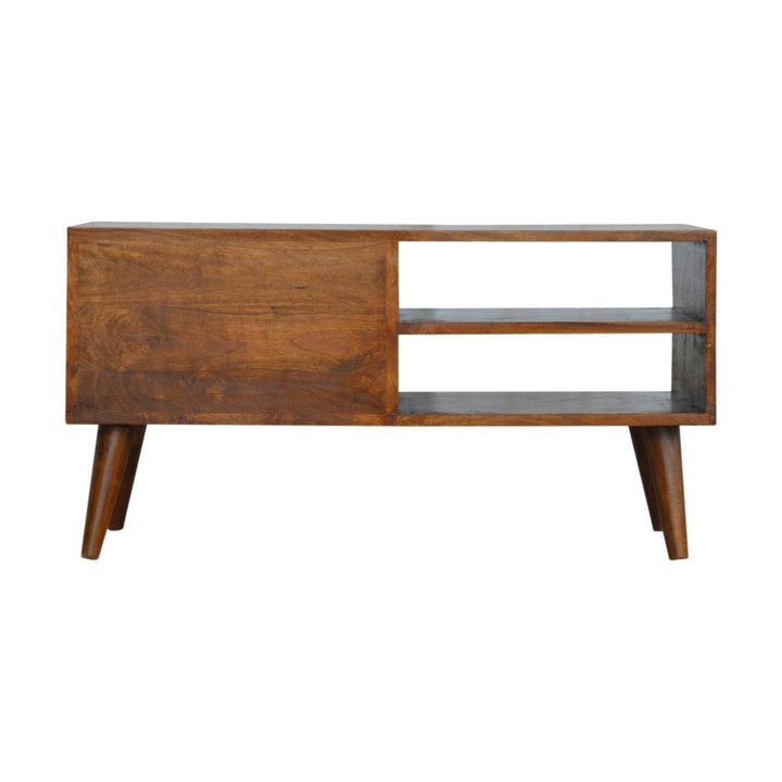 Chestnut Prism TV Stand - Solid Mango Wood Entertainment Center for Living Room - product view 8 showing handcrafted...