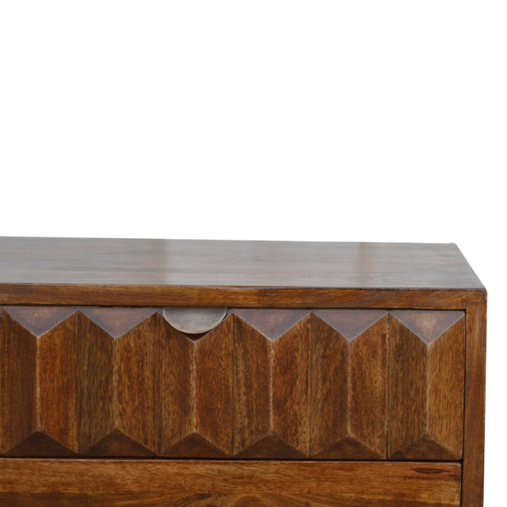 Chestnut Prism TV Stand - Solid Mango Wood Entertainment Center for Living Room - product view 4 showing handcrafted...