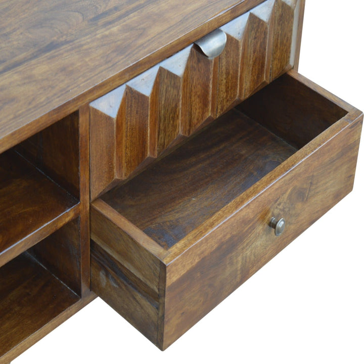 Chestnut Prism TV Stand - Solid Mango Wood Entertainment Center for Living Room - product view 3 showing handcrafted...