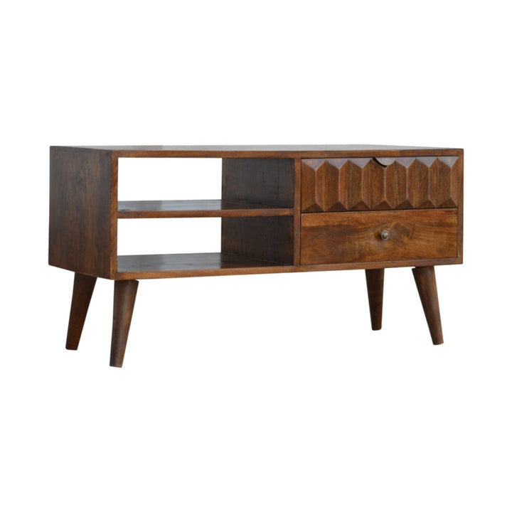 Chestnut Prism TV Stand - Solid Mango Wood Entertainment Center for Living Room - product view 2 showing handcrafted...