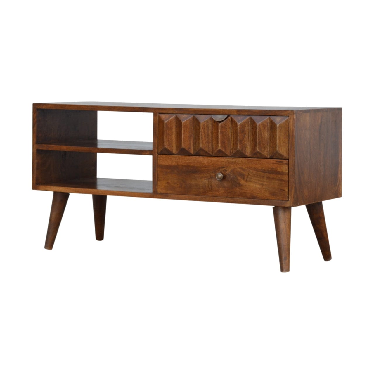 Chestnut Prism TV Stand - Solid Mango Wood Entertainment Center for Living Room - main view showing handcrafted solid...