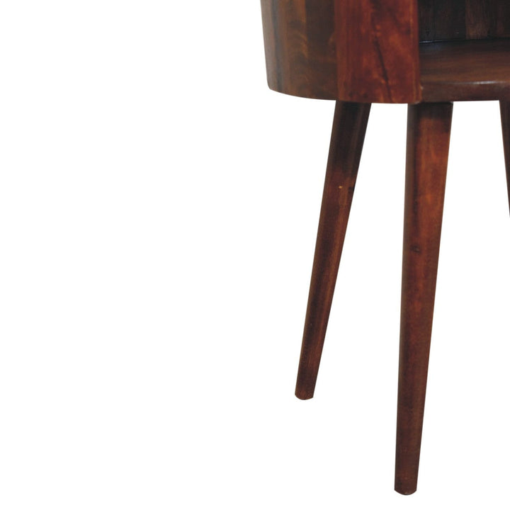 Chestnut Round Open Slot Nightstand - Solid Mango Wood Bedside Table for Bedroom - product view 6 showing handcrafted...