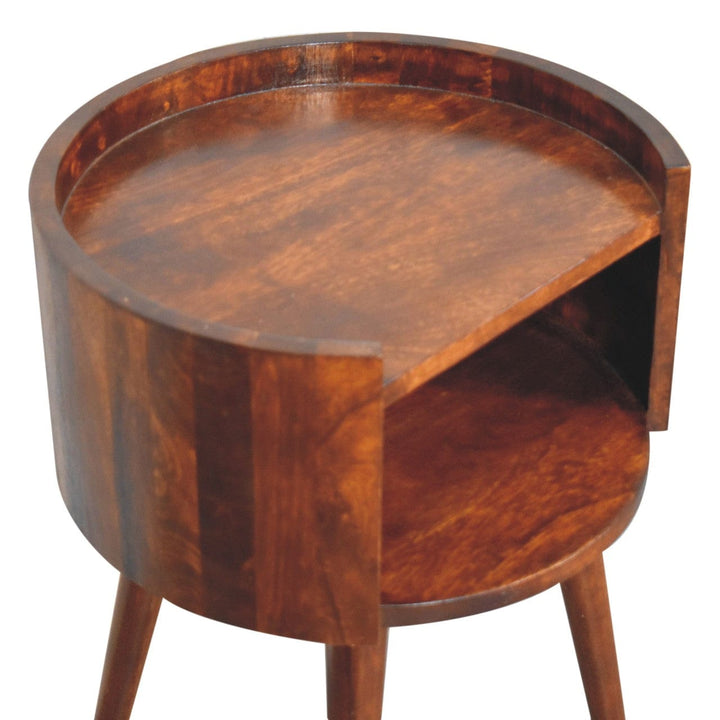 Chestnut Round Open Slot Nightstand - Solid Mango Wood Bedside Table for Bedroom - product view 5 showing handcrafted...