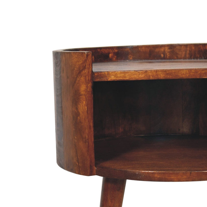 Chestnut Round Open Slot Nightstand - Solid Mango Wood Bedside Table for Bedroom - product view 4 showing handcrafted...