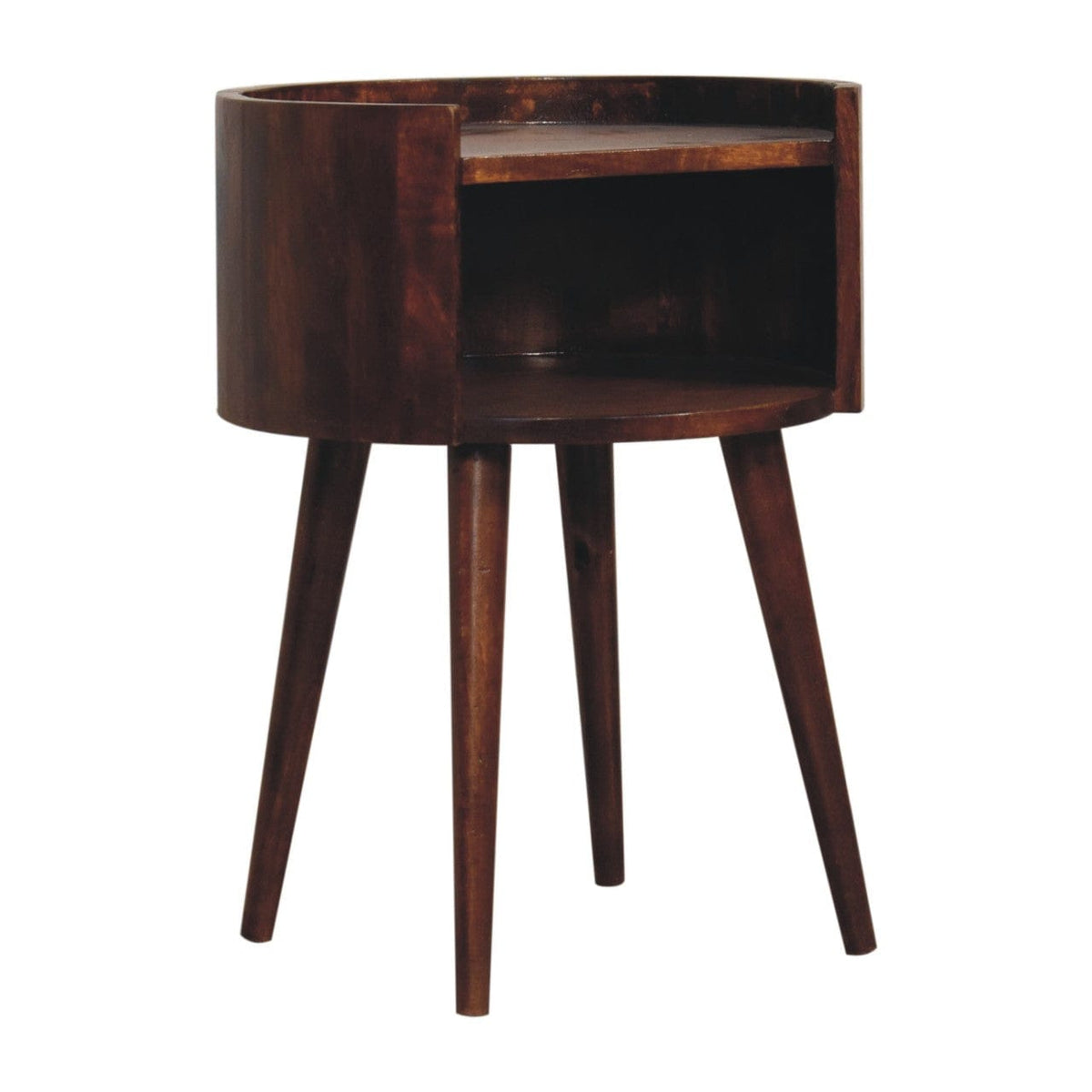 Chestnut Round Open Slot Nightstand - Solid Mango Wood Bedside Table for Bedroom - product view 3 showing handcrafted...